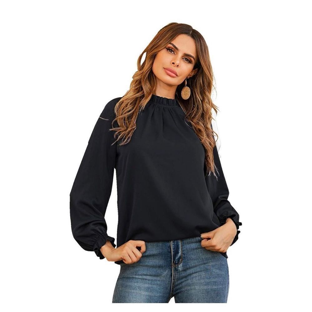 New Womens Lyaner Frill Mock Neck Black Flounce Airy Top - Sz XS